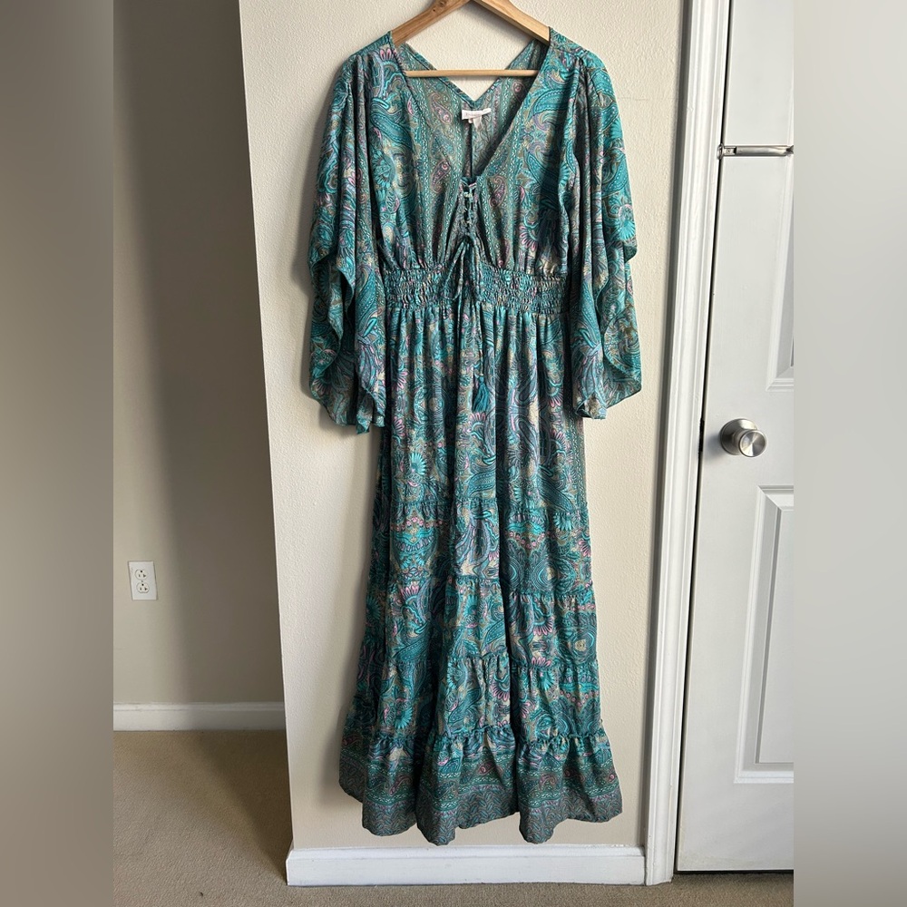 Boemo Maxi Long Peasant Paisley Dress Elastic Waist Flowing Ruffle Long Sleeve L
